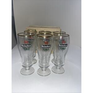 Set Of 6 Stemmed Heineken 7” Tall Gold Rim Glasses